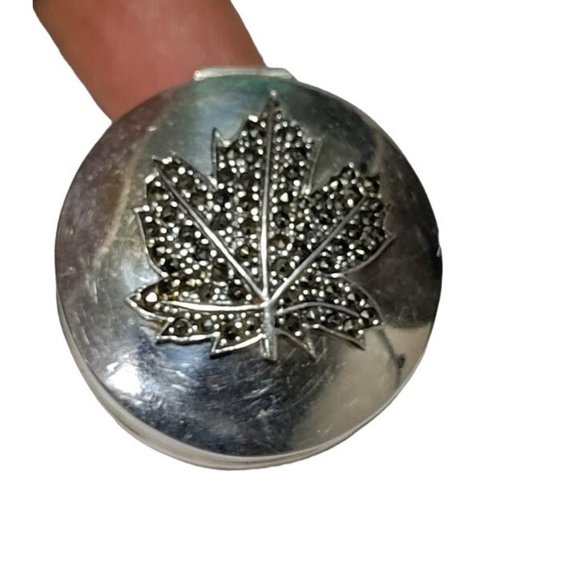 Vintage Sterling Silver Maple Marcasite Embossed Design Pewter Trinket Box Round - Picture 1 of 10